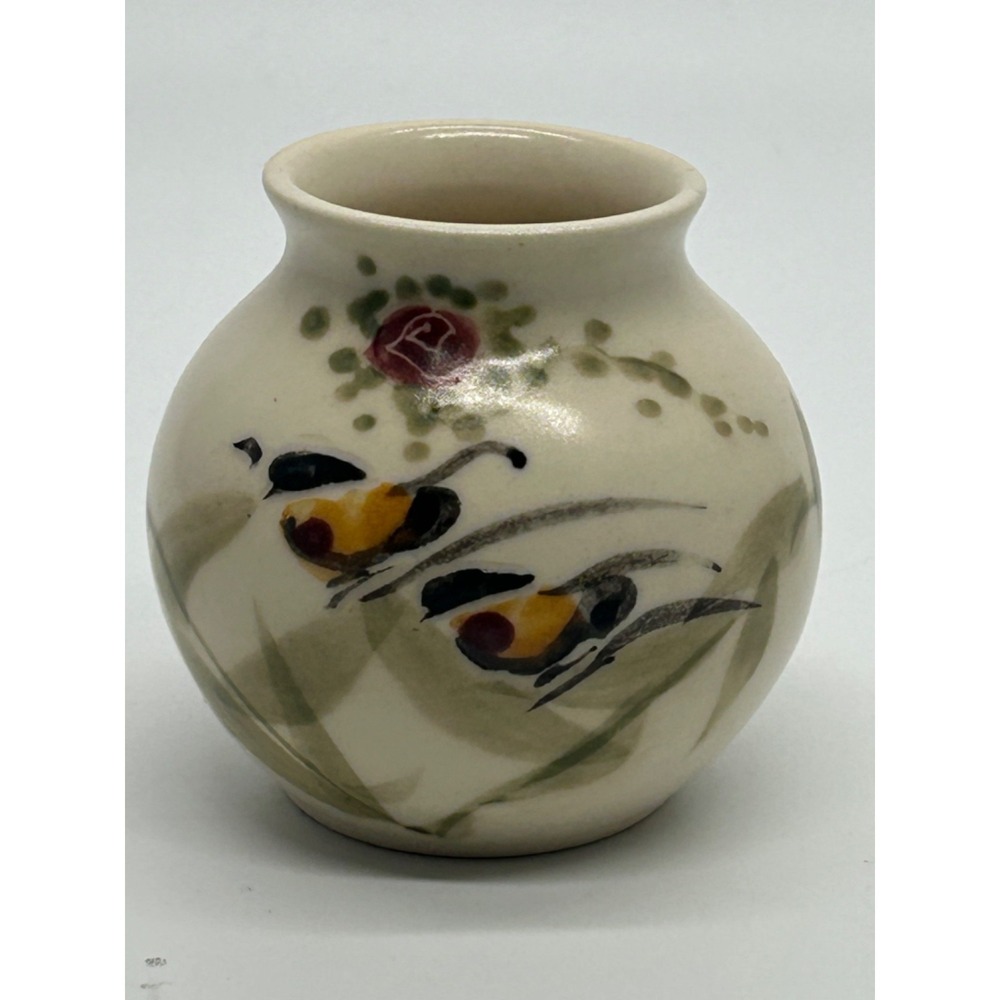 Vintage Small Pottery Vase w/‎ Bird Theme On Branches Signed 2 1/2" T